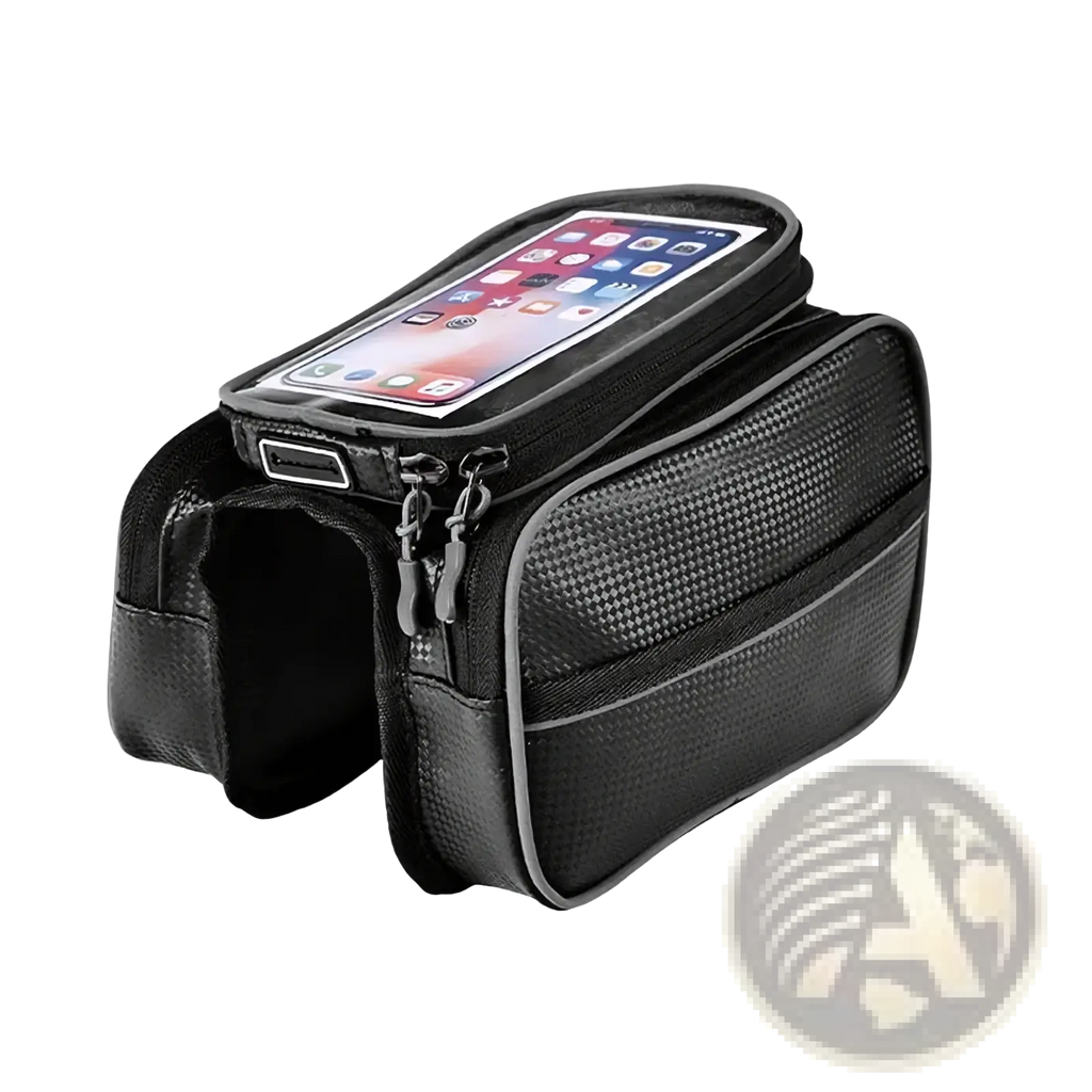 Black waterproof bicycle handlebar phone bag with transparent compartment and multiple zippered storage sections