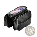 Black waterproof bicycle handlebar phone bag with transparent compartment and multiple zippered storage sections