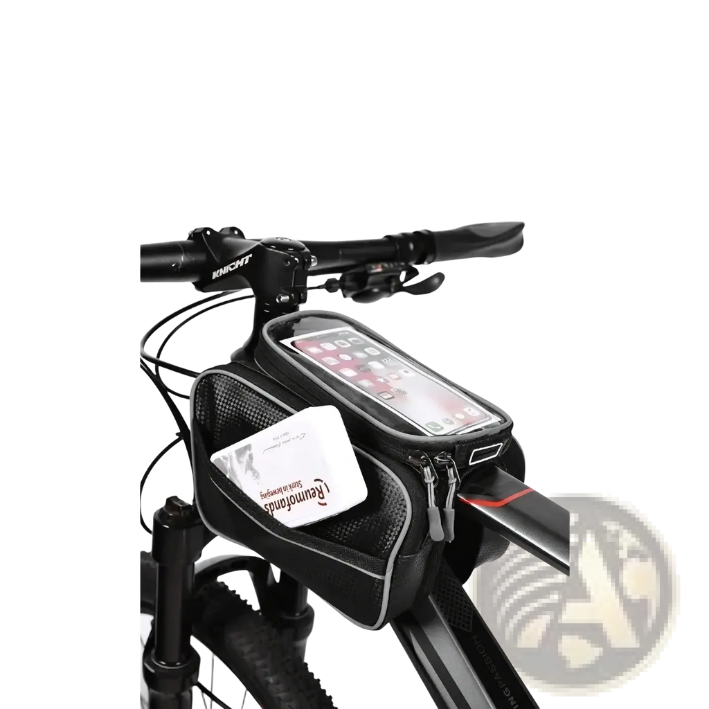 Black mesh waterproof bicycle handlebar phone bag with transparent front pocket and silver zipper pulls