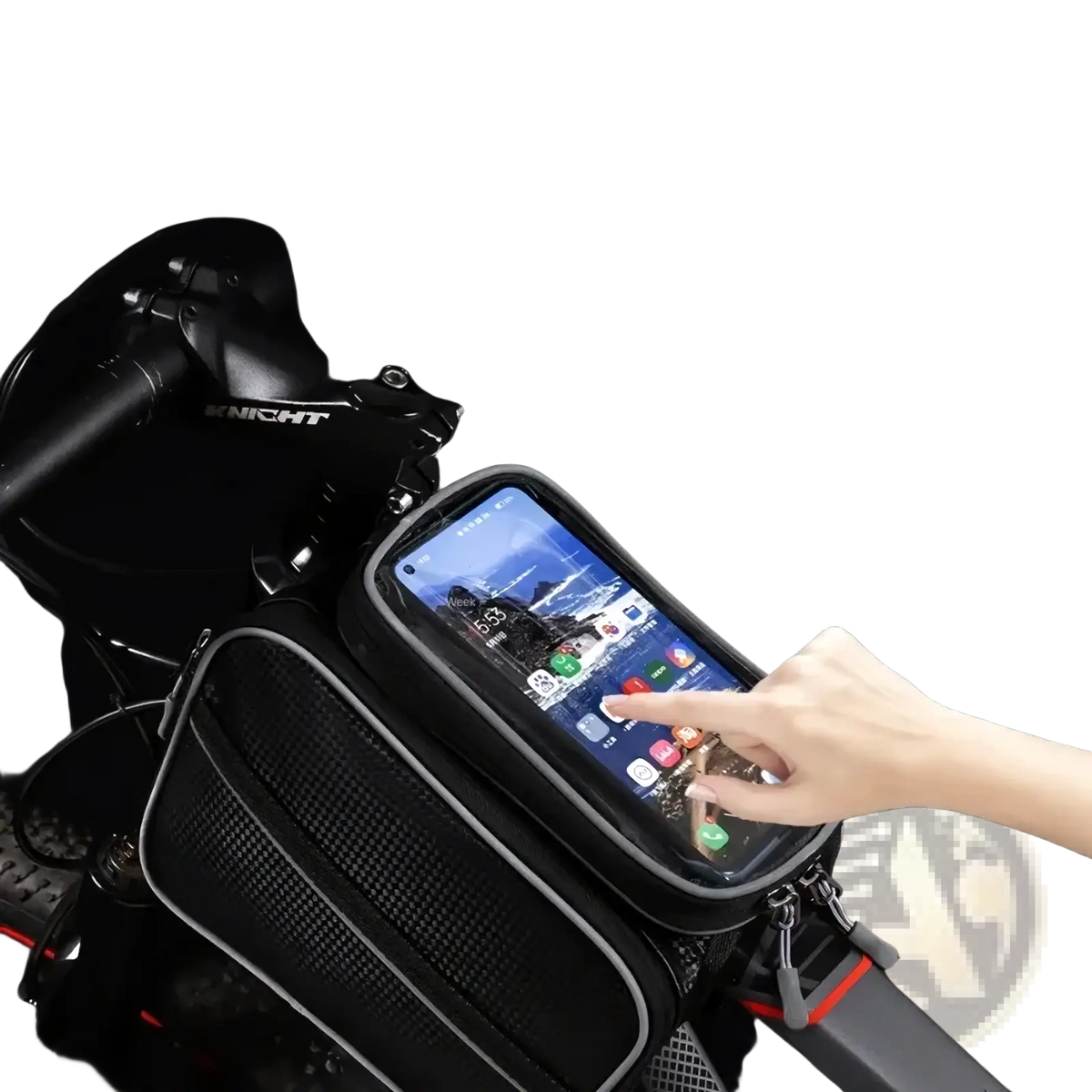 Black waterproof bicycle handlebar phone bag with transparent TPU touch screen and mesh fabric body for secure mounting