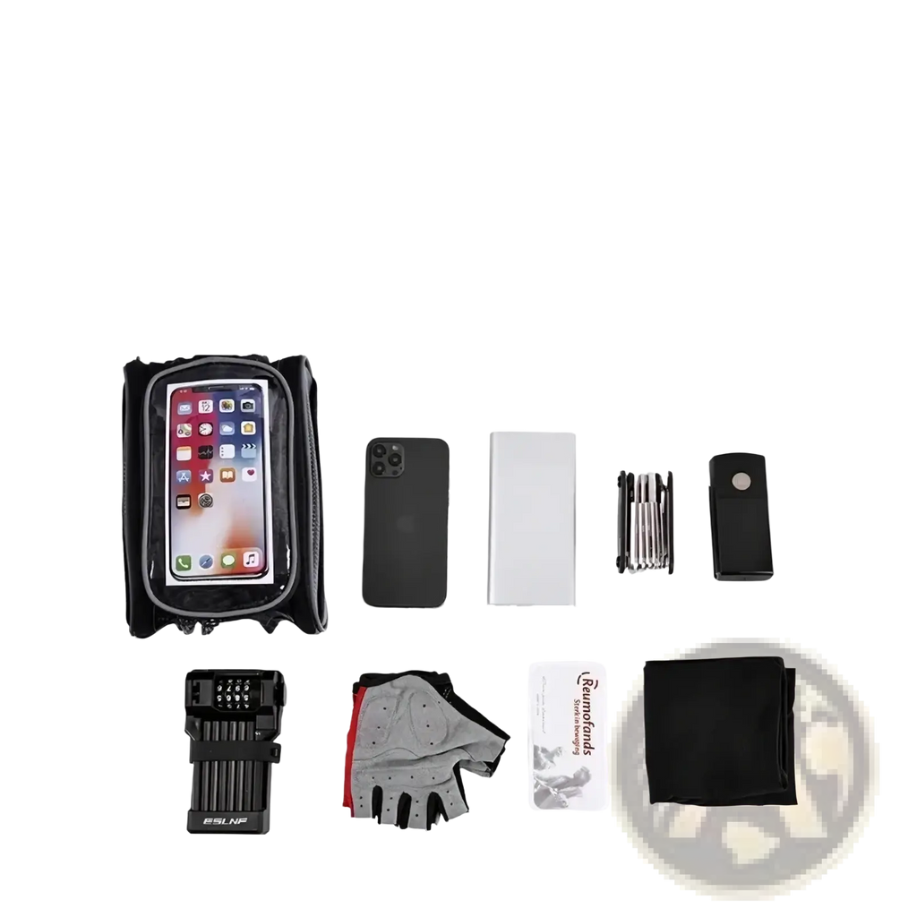 Black waterproof bicycle handlebar phone bag with transparent front panel for secure smartphone storage during rides