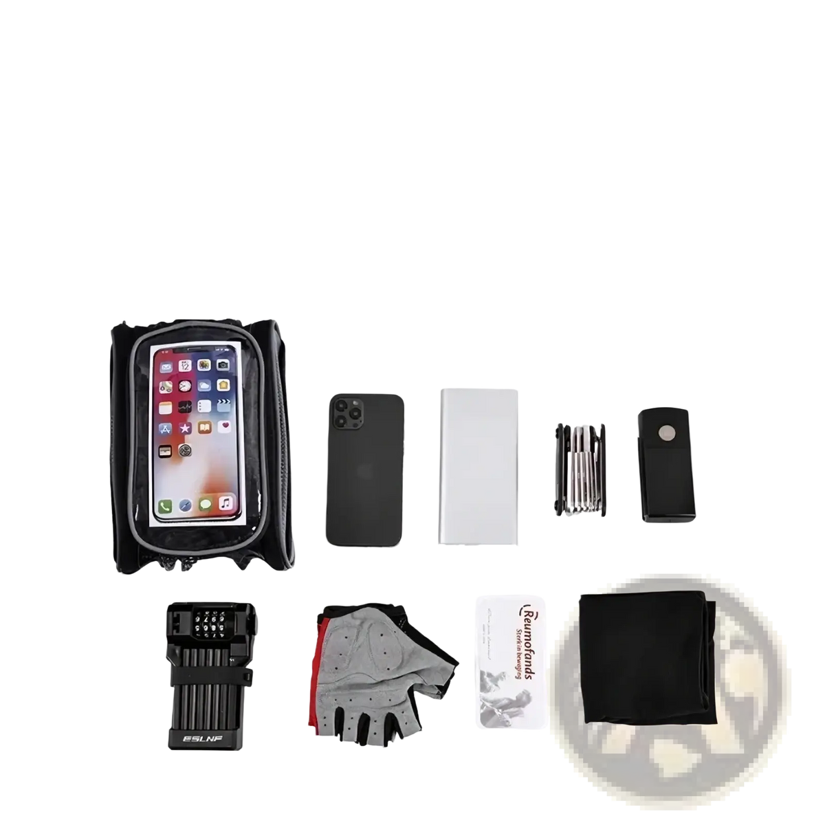 Black waterproof bicycle handlebar phone bag with transparent front panel for secure smartphone storage during rides