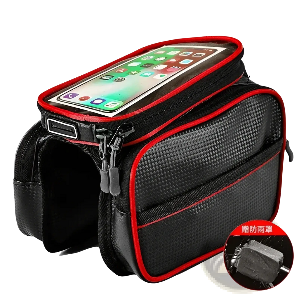 Waterproof bicycle handlebar phone bag in black and red with carbon fiber texture and multiple zipper compartments