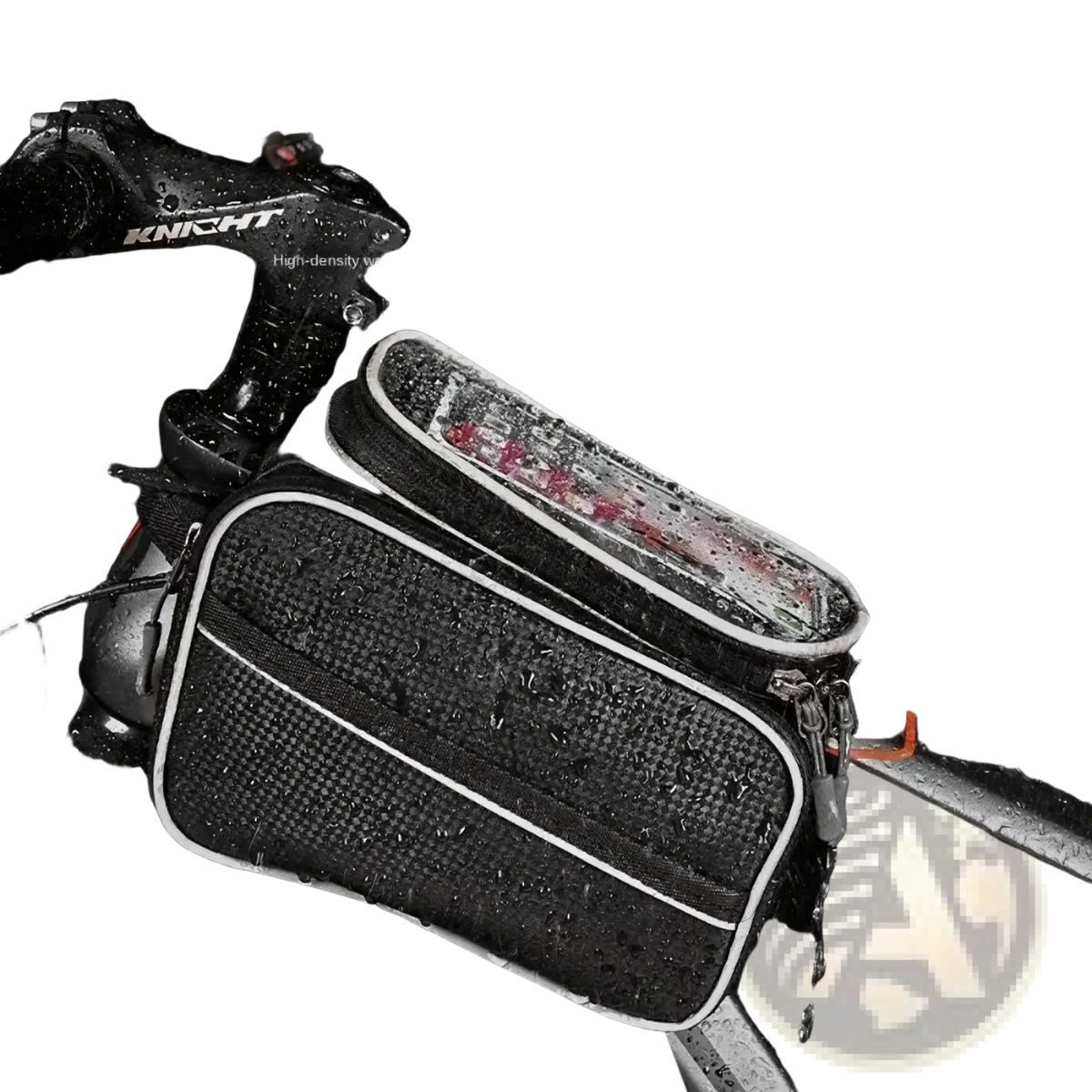 Black and white waterproof bicycle handlebar phone bag with mesh texture and zipper closure