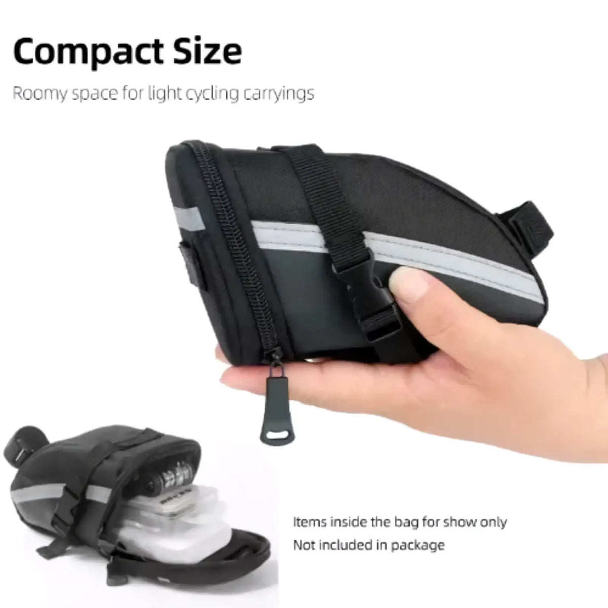 Black compact nylon bicycle seat bag with reflective gray stripes and zipper closure for waterproof cycling use