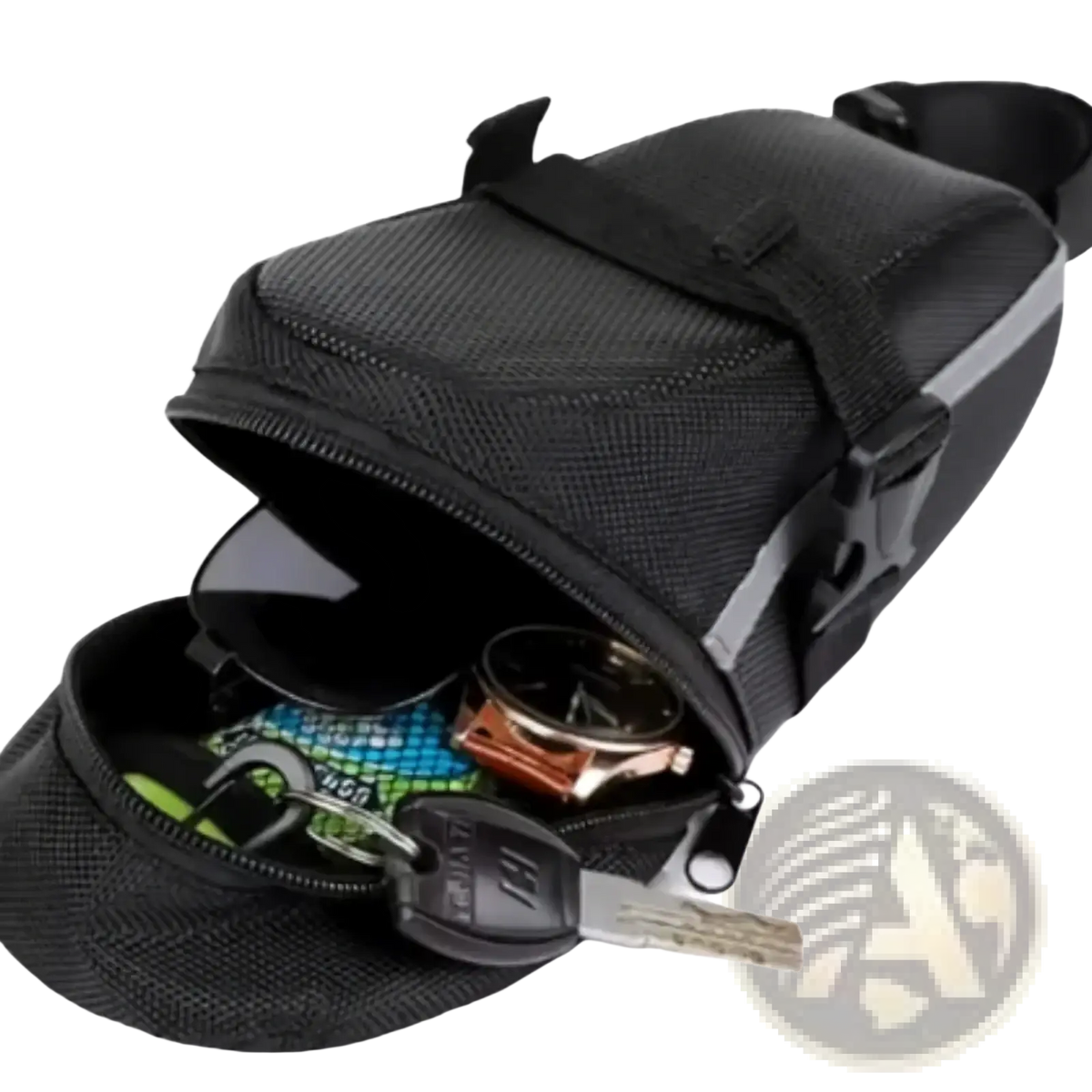 Black mesh waterproof nylon bicycle saddle bag with reflective strip and zipper compartments for cycling seat pack