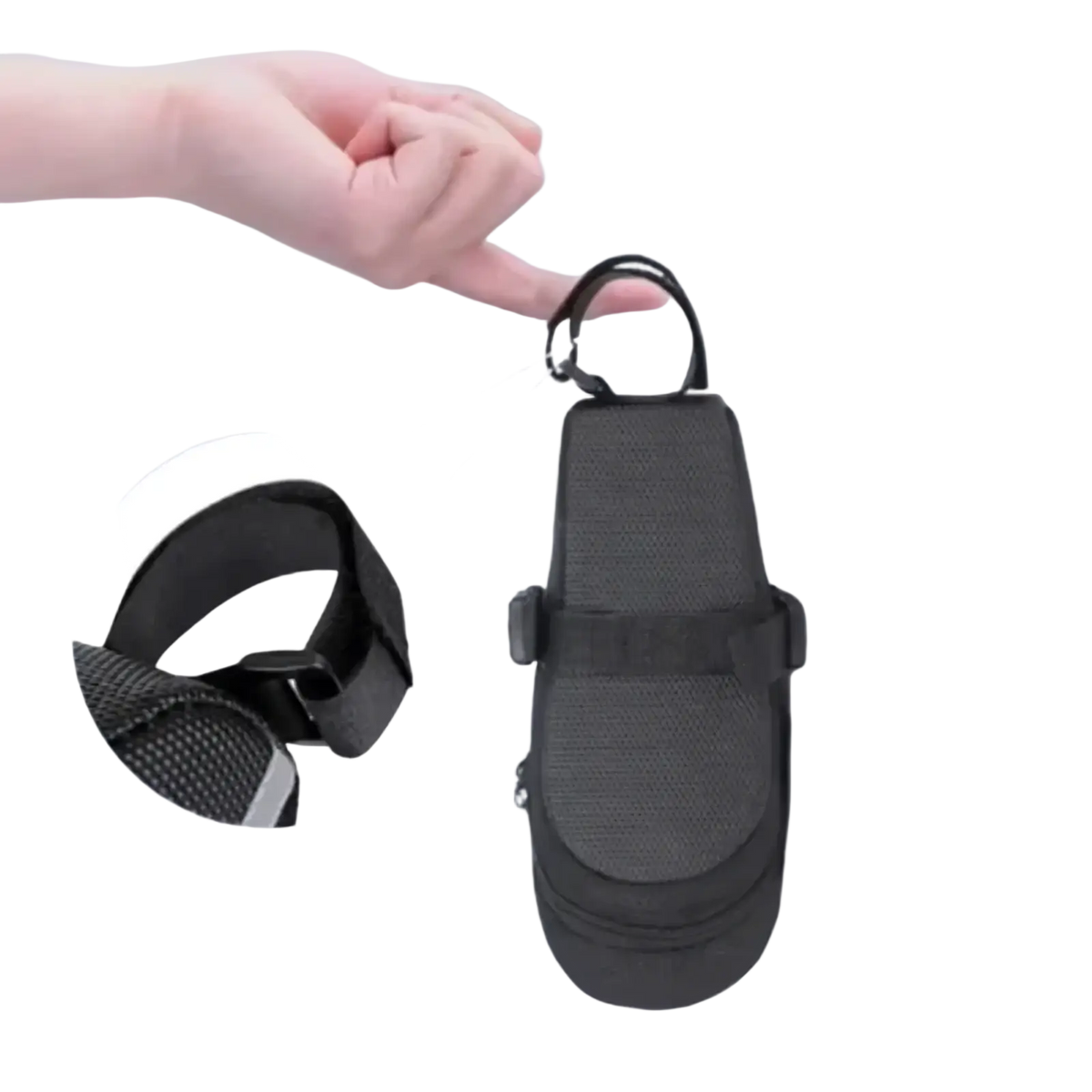 Black mesh waterproof bicycle saddle bag with nylon material, sturdy loop handle, and adjustable strap shown from back side