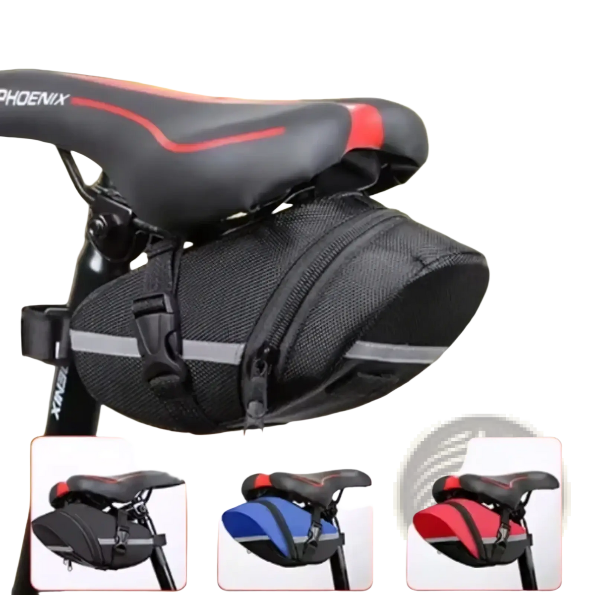 Black mesh waterproof nylon bicycle saddle bag with reflective stripes and zipper closure for cycling seat pack