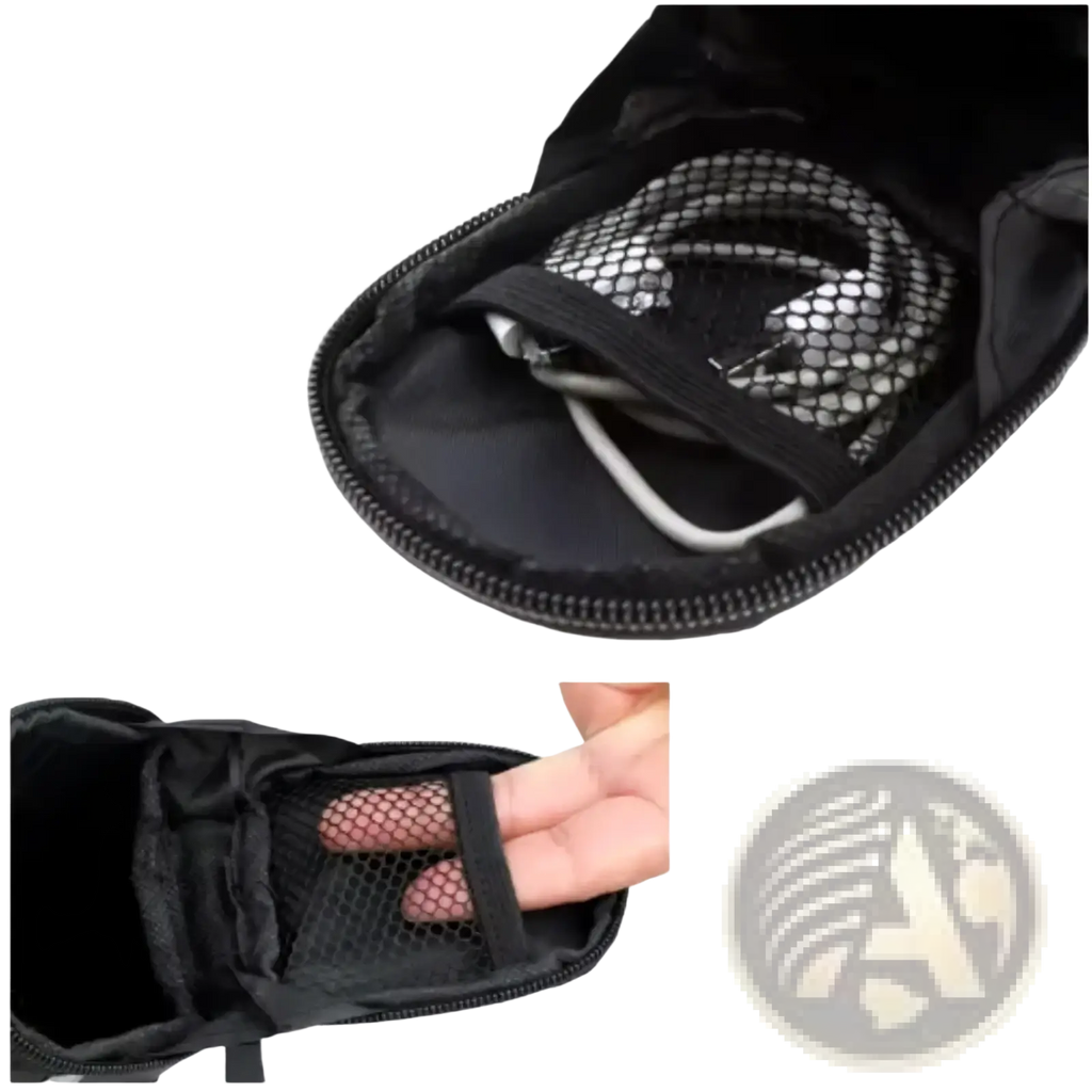 Black mesh pouch with zipper closure made of nylon for organized storage in waterproof bicycle saddle bag
