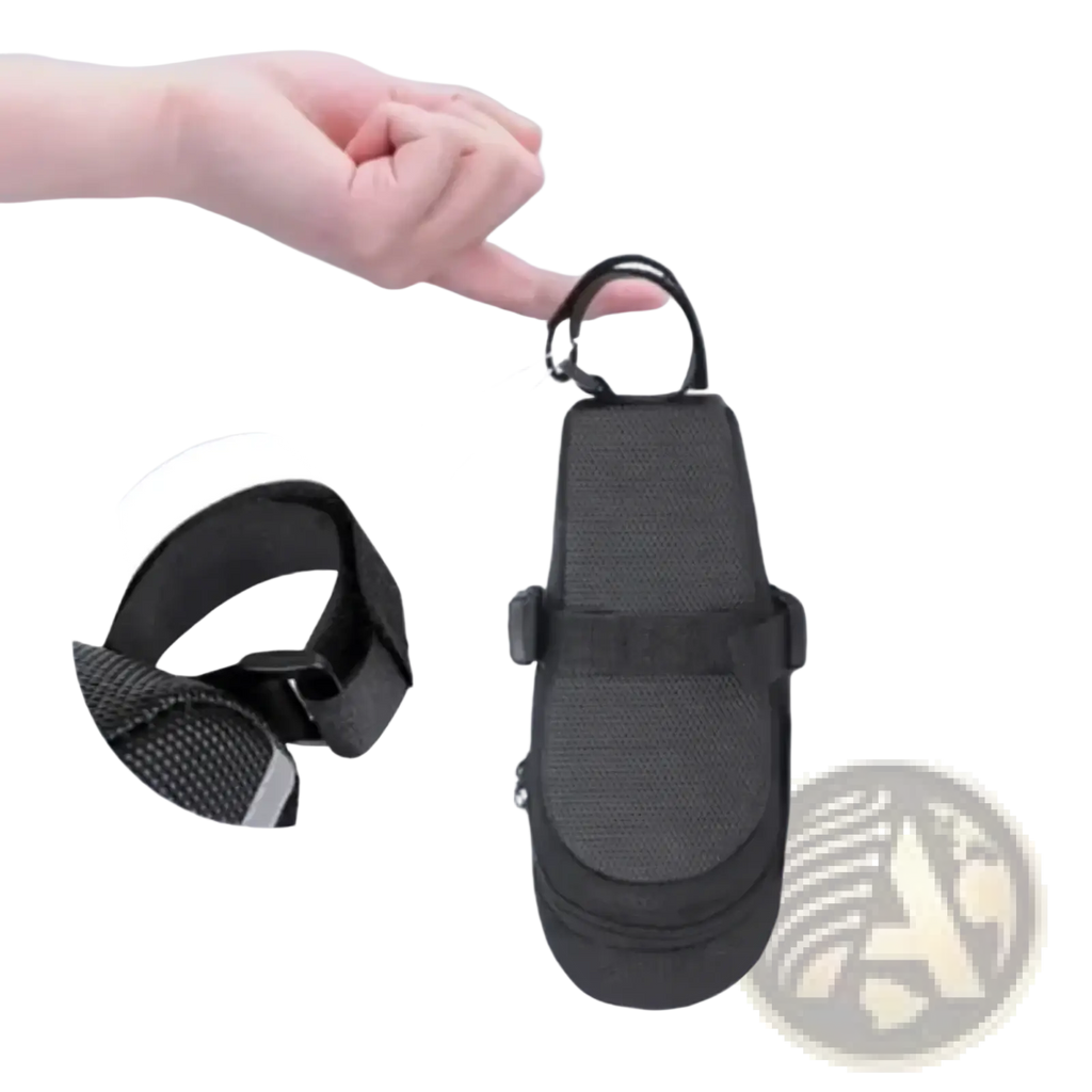 Black mesh waterproof bicycle saddle bag with nylon material, sturdy loop handle, and adjustable strap shown from back side