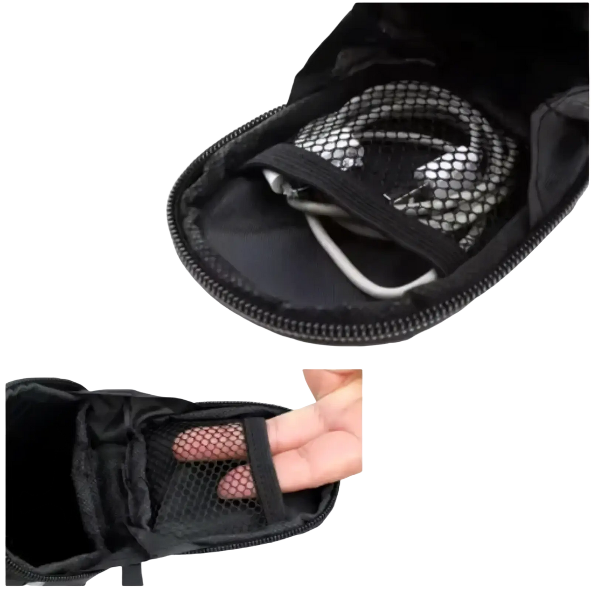 Black mesh pouch with zipper closure made of nylon for organized storage in waterproof bicycle saddle bag