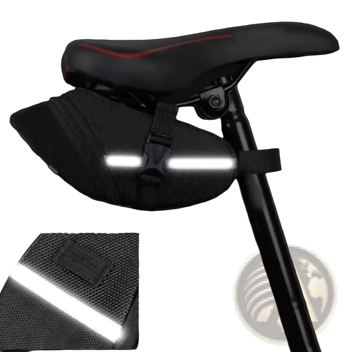 Black reflective waterproof bicycle saddle bag with red stitching and mesh nylon fabric shown from the back side