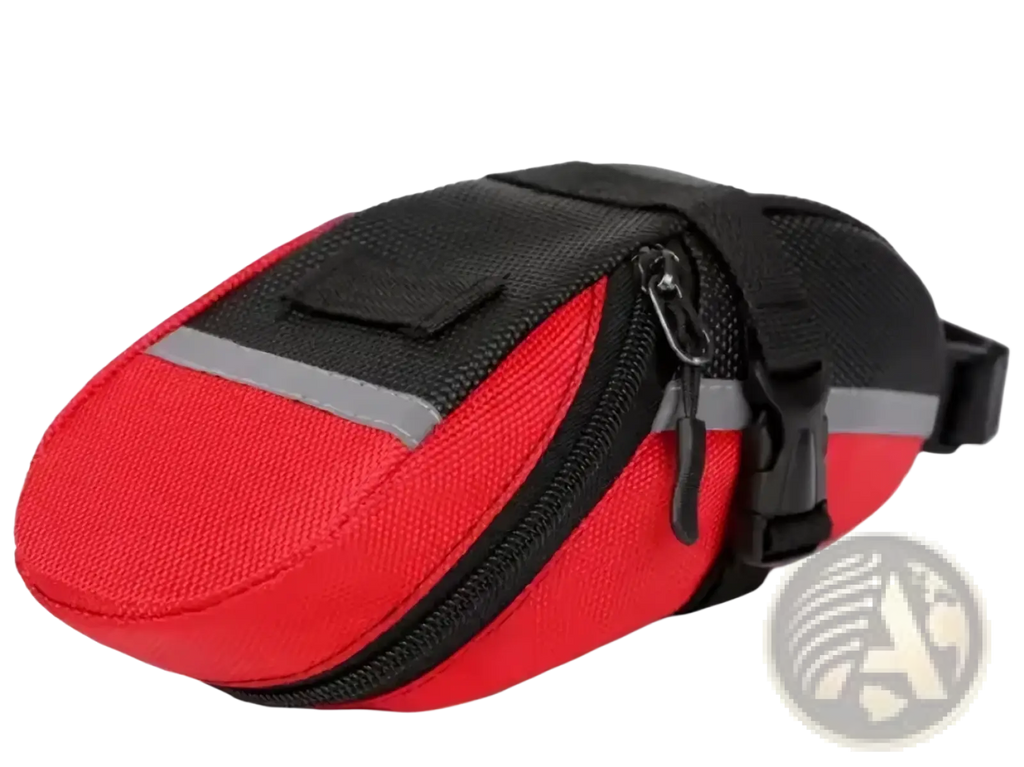Red and black waterproof nylon bicycle saddle bag with reflective gray stripes shown from the back side
