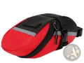 Red and black waterproof nylon bicycle saddle bag with reflective gray stripes shown from the back side