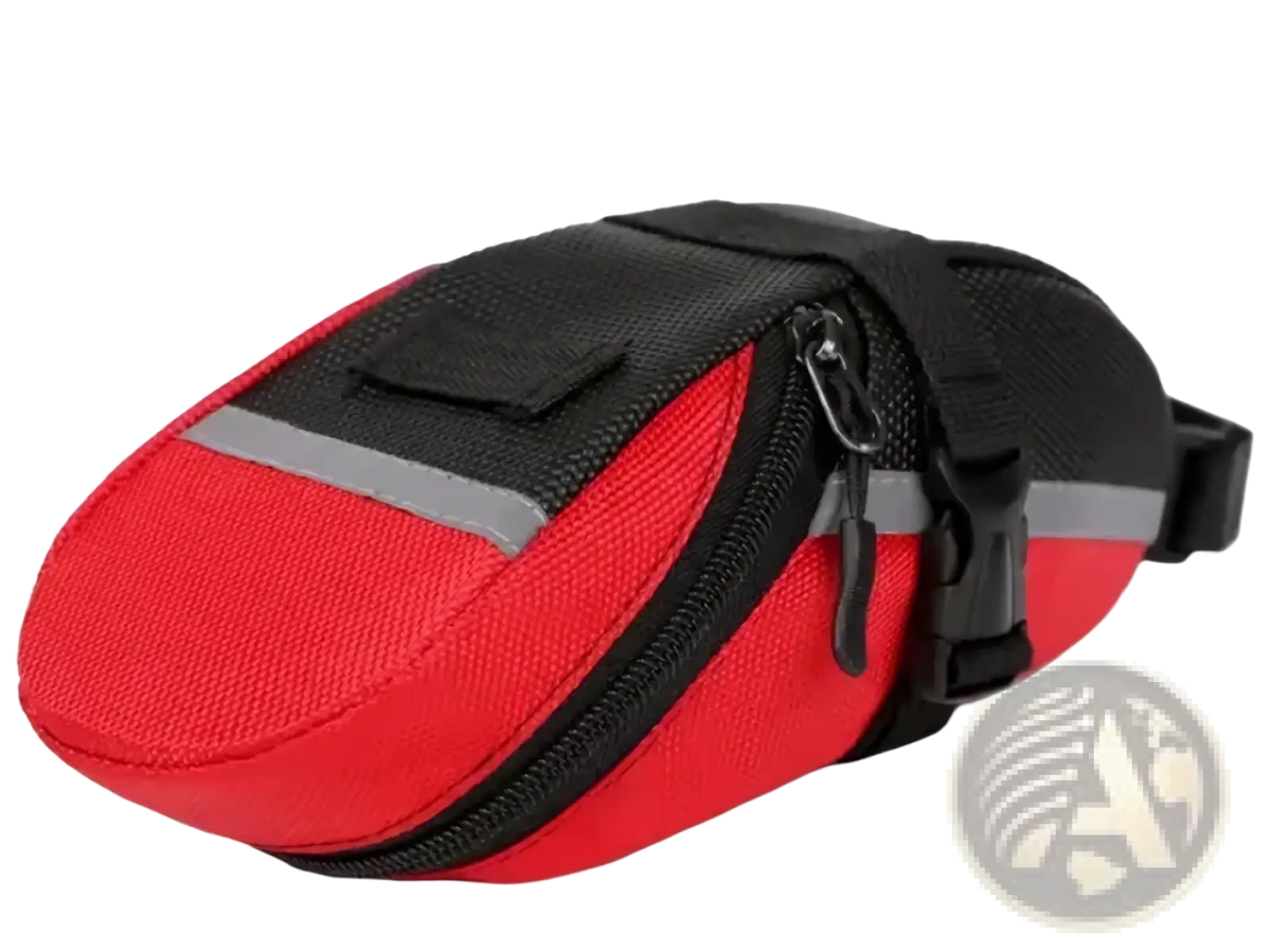 Red and black waterproof nylon bicycle saddle bag with reflective gray stripes shown from the back side