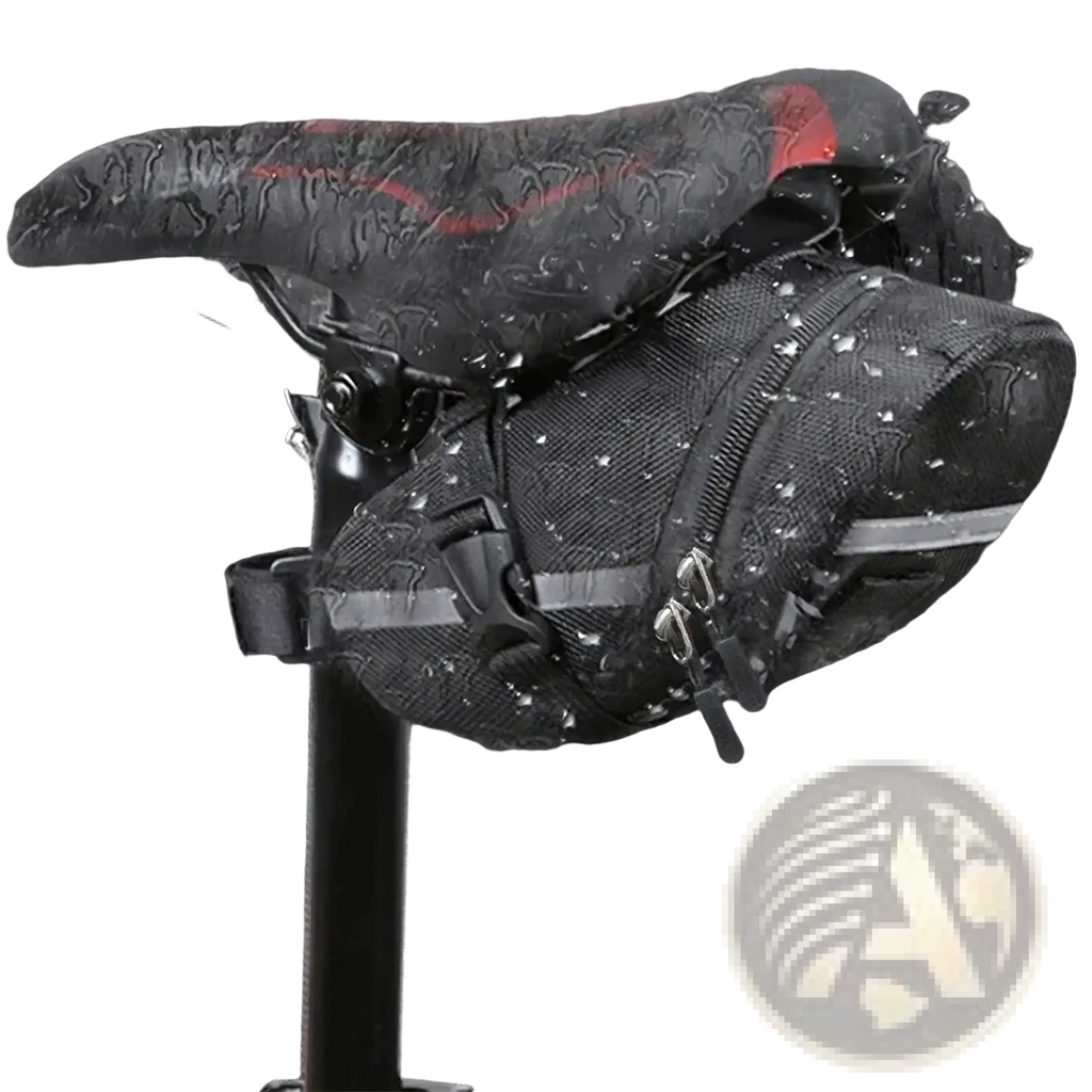 Black waterproof bicycle saddle bag with reflective stripes zipper closure and quick release for cycling use