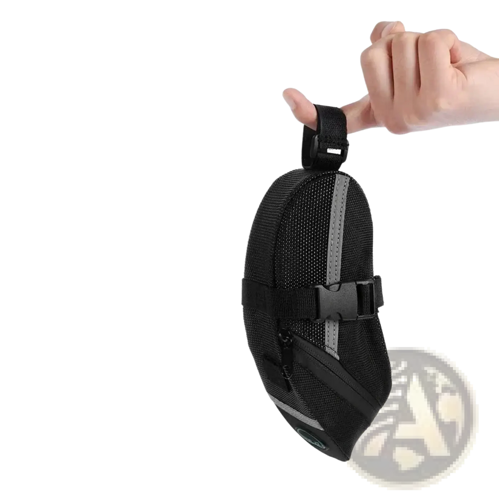Black mesh waterproof bicycle saddle bag with gray reflective stripes and black adjustable strap shown from back side