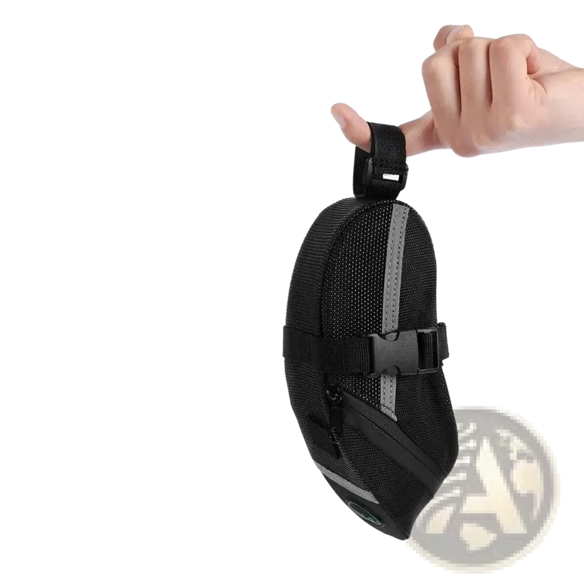 Black mesh waterproof bicycle saddle bag with gray reflective stripes and black adjustable strap shown from back side