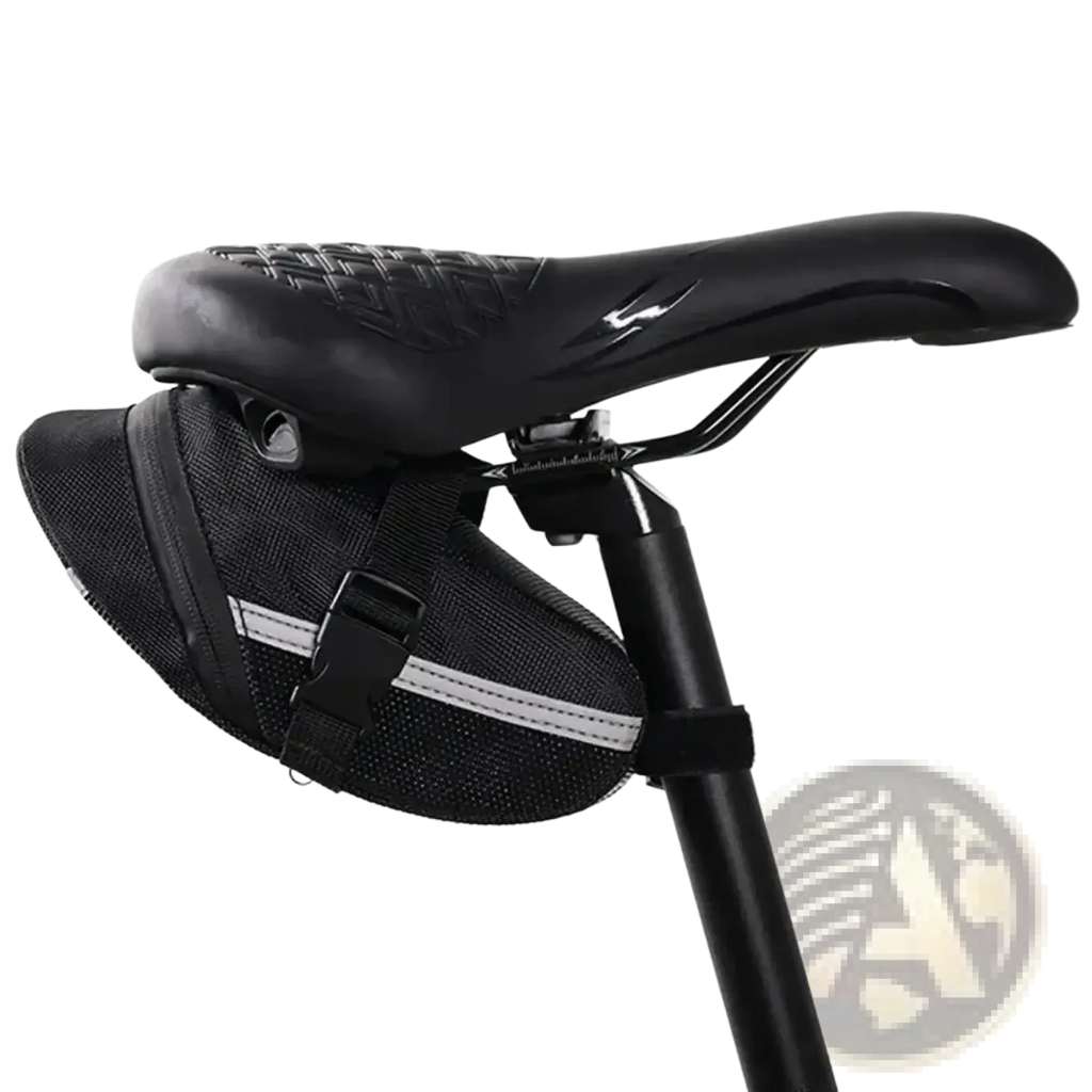 Black mesh waterproof bicycle saddle bag with reflective white stripes and black buckle for quick release cycling