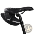 Black mesh waterproof bicycle saddle bag with reflective white stripes and black buckle for quick release cycling