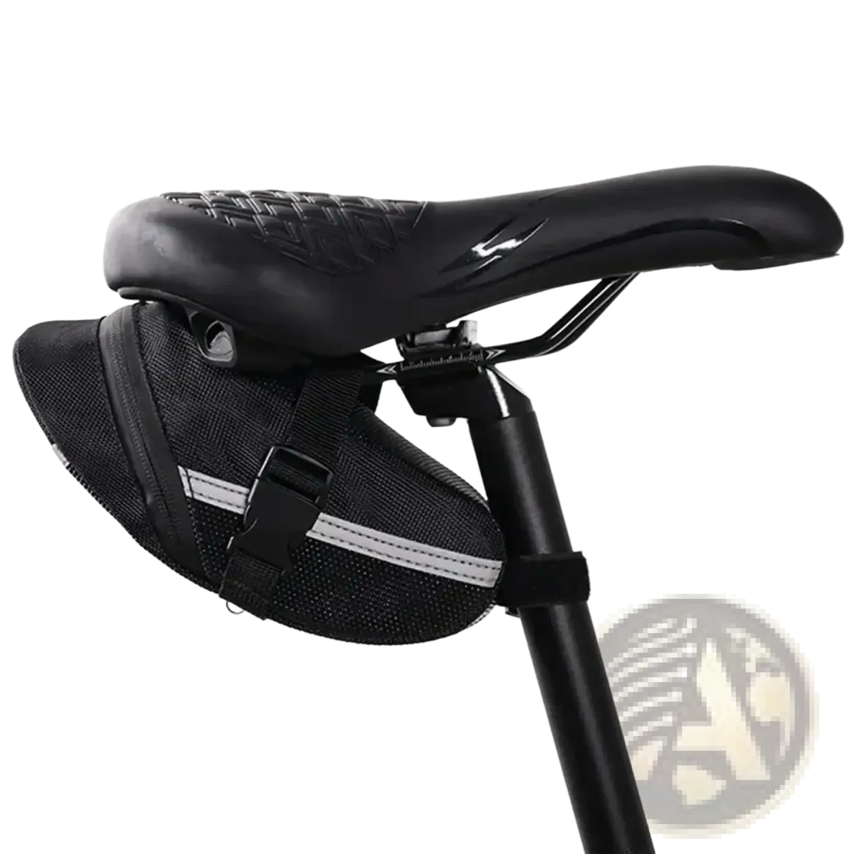 Black mesh waterproof bicycle saddle bag with reflective white stripes and black buckle for quick release cycling