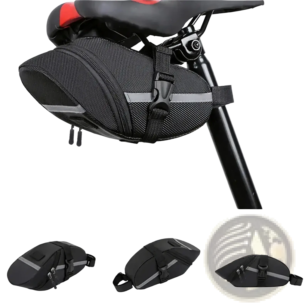Black mesh waterproof bicycle saddle bag with reflective gray stripes and buckle strap for quick release cycling