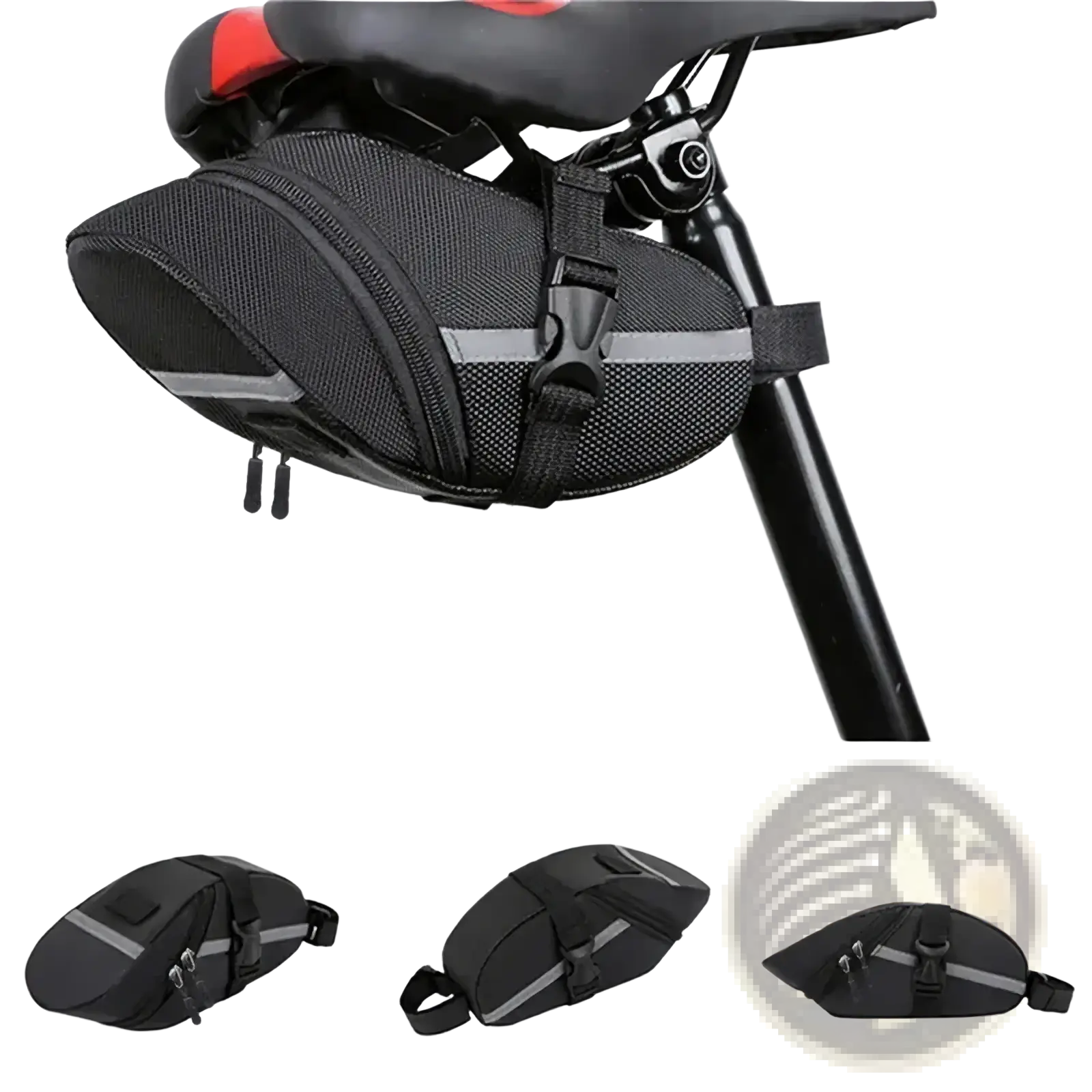 Black mesh waterproof bicycle saddle bag with reflective gray stripes and buckle strap for quick release cycling