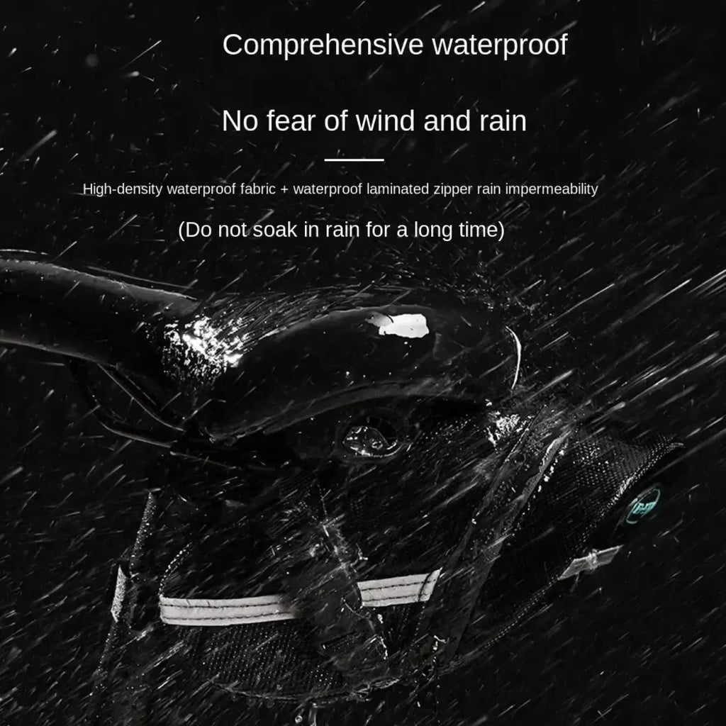 Black waterproof bicycle saddle bag with reflective stripes and laminated zipper designed for quick release cycling use