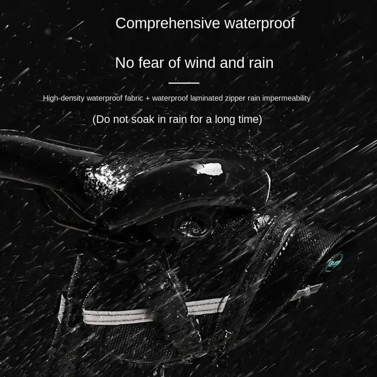 Black waterproof bicycle saddle bag with reflective stripes and laminated zipper designed for quick release cycling use