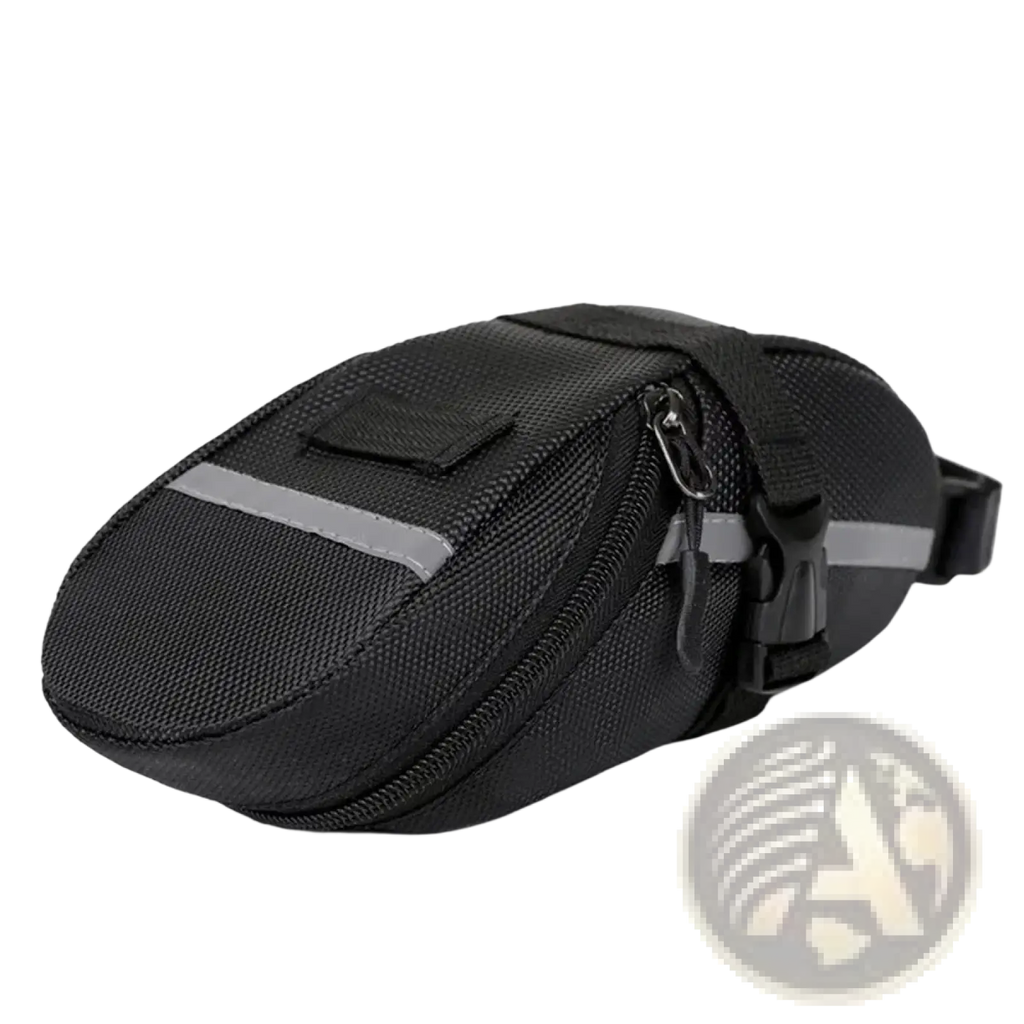 Black mesh waterproof bicycle saddle bag with reflective gray stripes and zipper closure shown from the back side