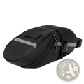 Black mesh waterproof bicycle saddle bag with reflective gray stripes and zipper closure shown from the back side
