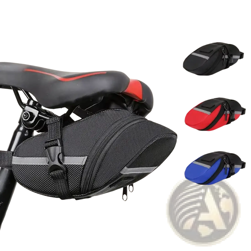 Black mesh waterproof bicycle saddle bag with reflective gray stripes and zipper closure shown from the back side