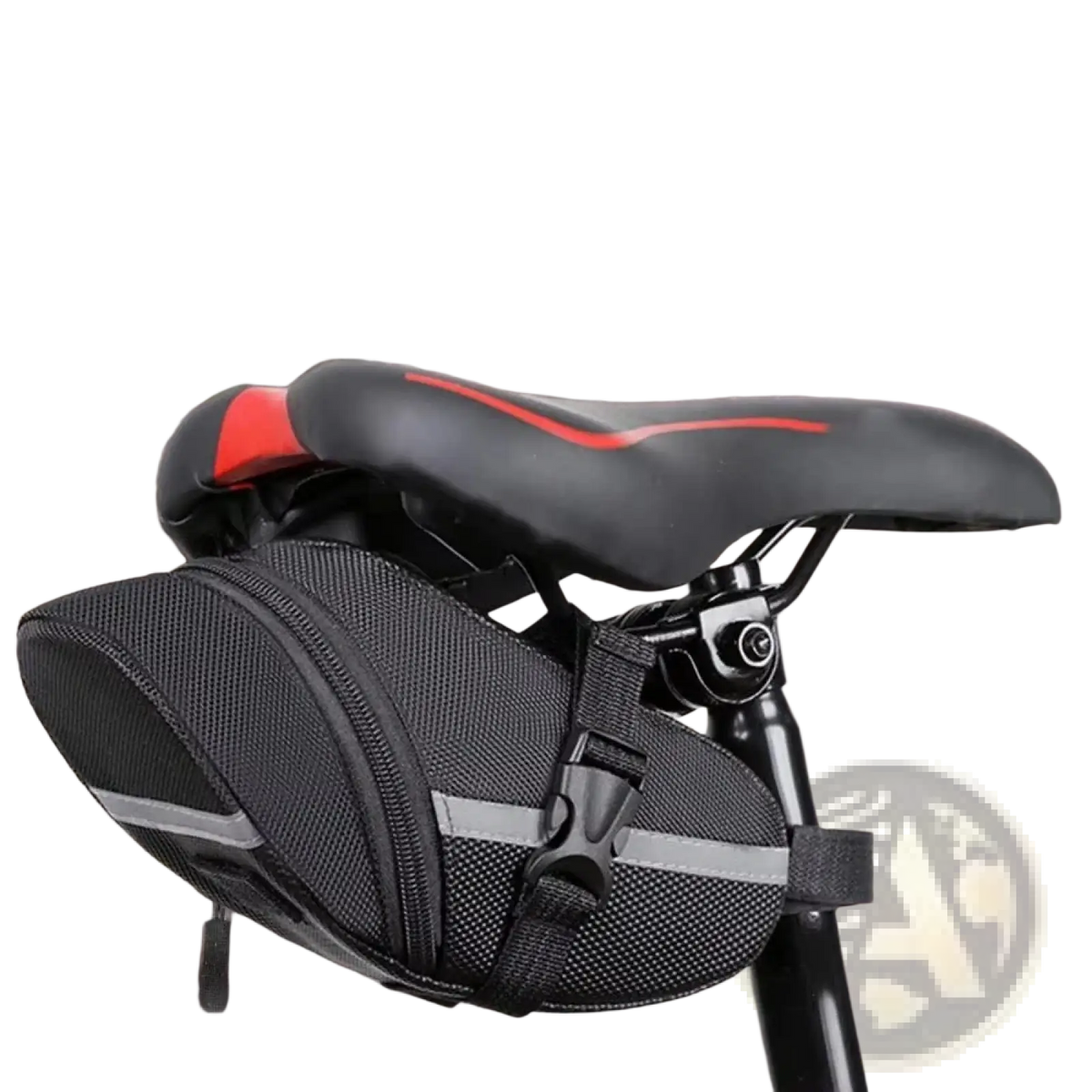 Black mesh waterproof bicycle saddle bag with reflective gray stripes and black buckle strap shown from the back side
