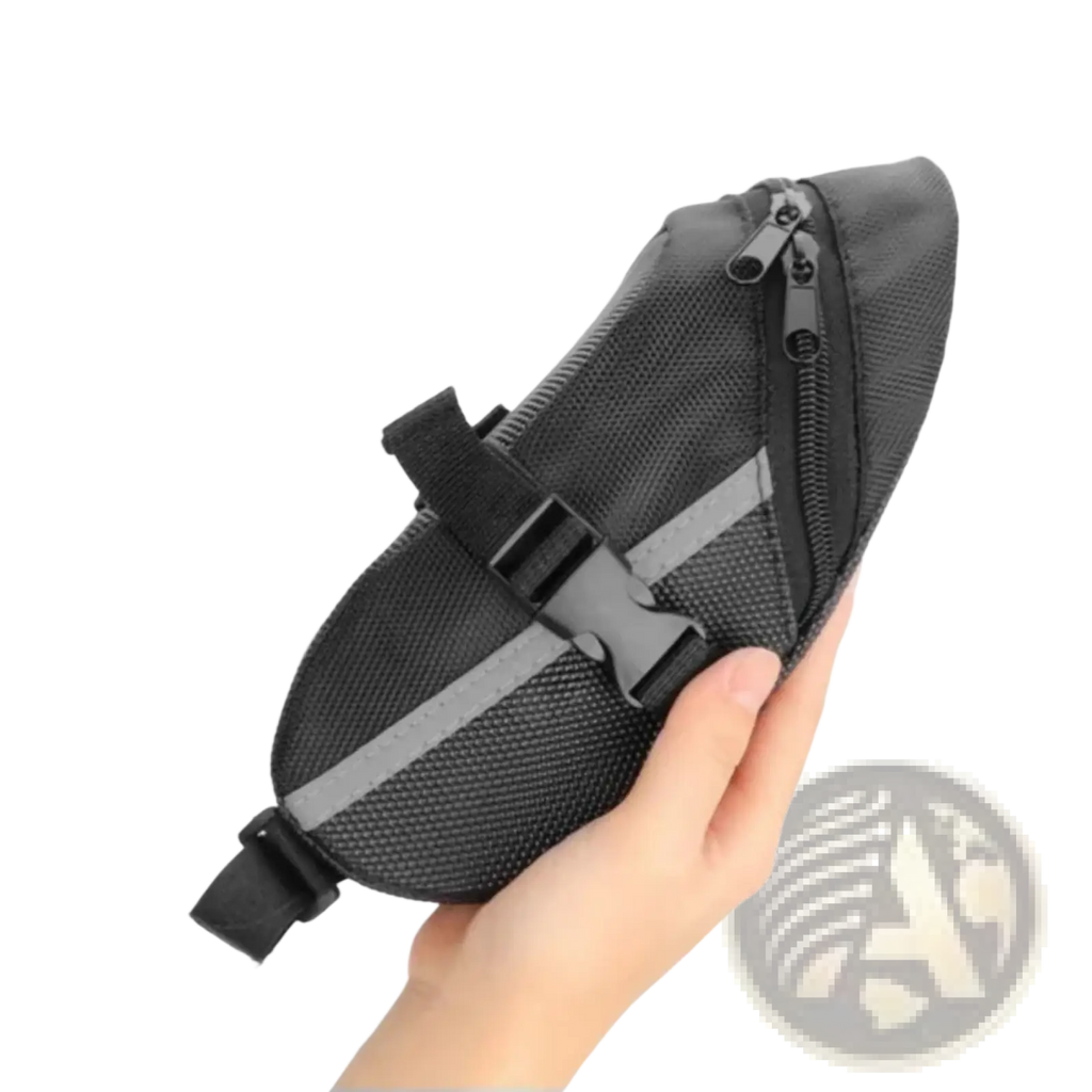 Black mesh waterproof bicycle saddle bag with gray reflective stripes and black buckle strap shown from the back side