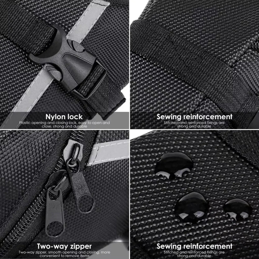 Black nylon waterproof bicycle saddle bag with reflective strips reinforced stitching and durable plastic lock