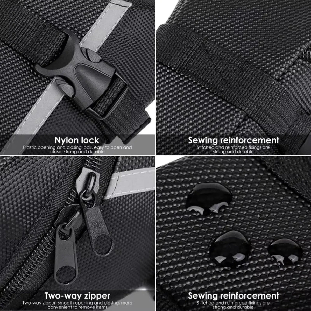 Black nylon waterproof bicycle saddle bag with reflective strips reinforced stitching and durable plastic lock