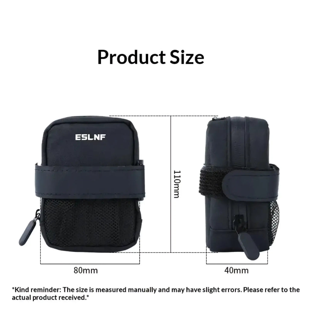 Black eslnf waterproof bicycle saddle bag with mesh side panel and adjustable strap for repair tools visible from back side