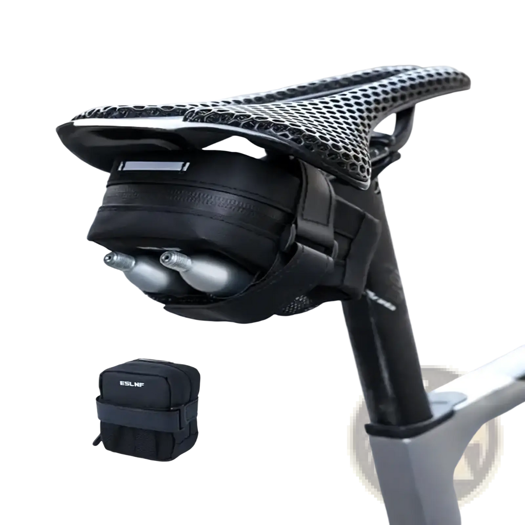 Black eslnf waterproof bicycle saddle bag with integrated dual air pumps and perforated leather saddle shown from back side