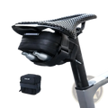 Black eslnf waterproof bicycle saddle bag with integrated dual air pumps and perforated leather saddle shown from back side