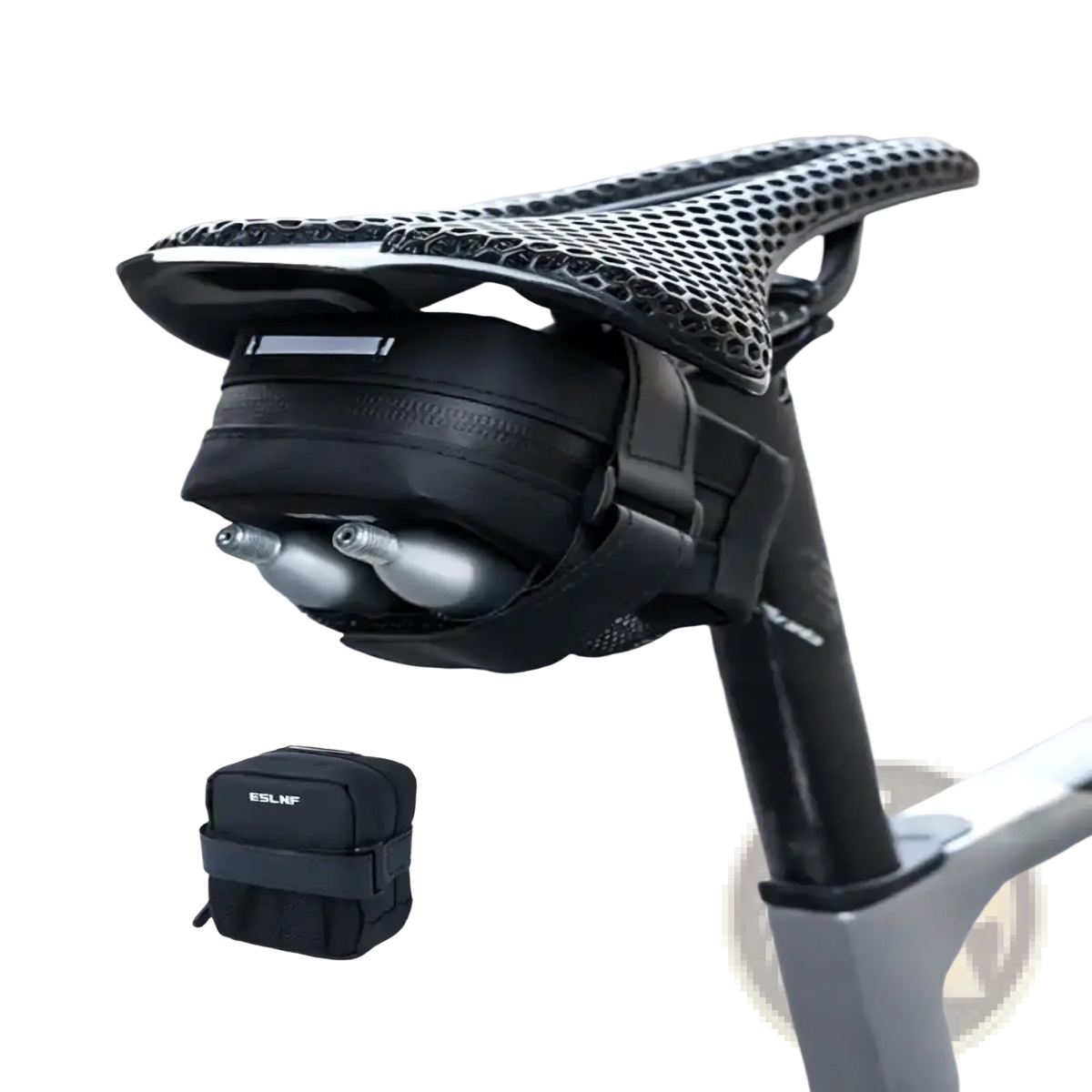 Black eslnf waterproof bicycle saddle bag with integrated dual air pumps and perforated leather saddle shown from back side