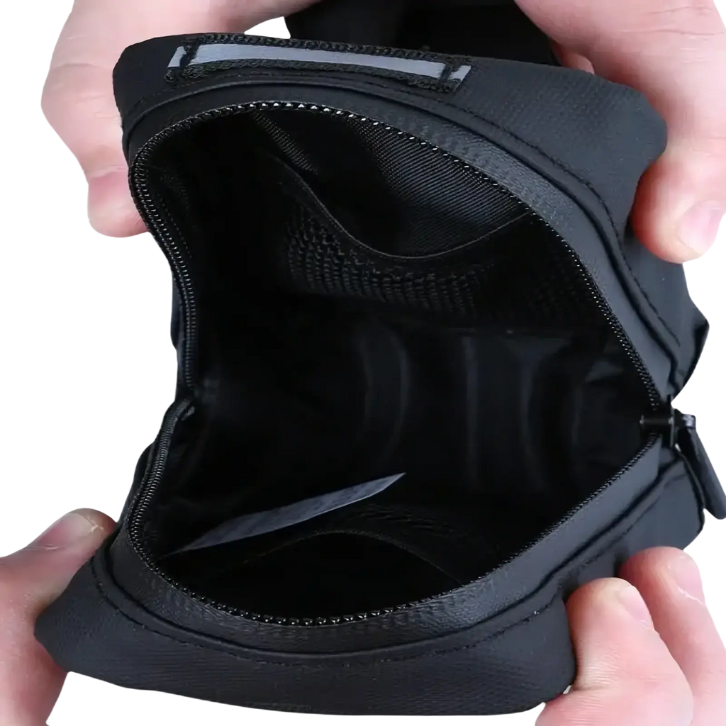 Black nylon waterproof bicycle saddle bag with reflective strip and internal mesh lining for repair tools storage