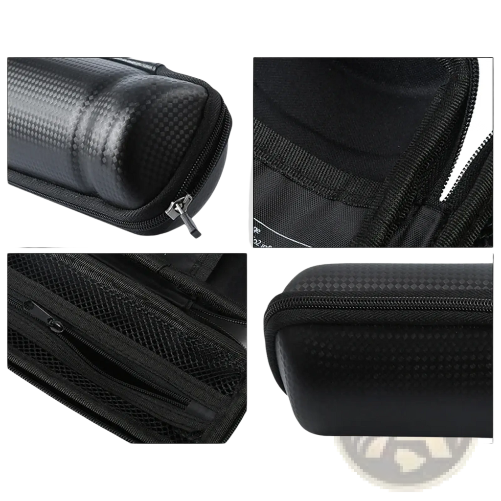 Black carbon fiber textured hard shell waterproof bicycle tool storage bottle and cage kit with mesh compartments