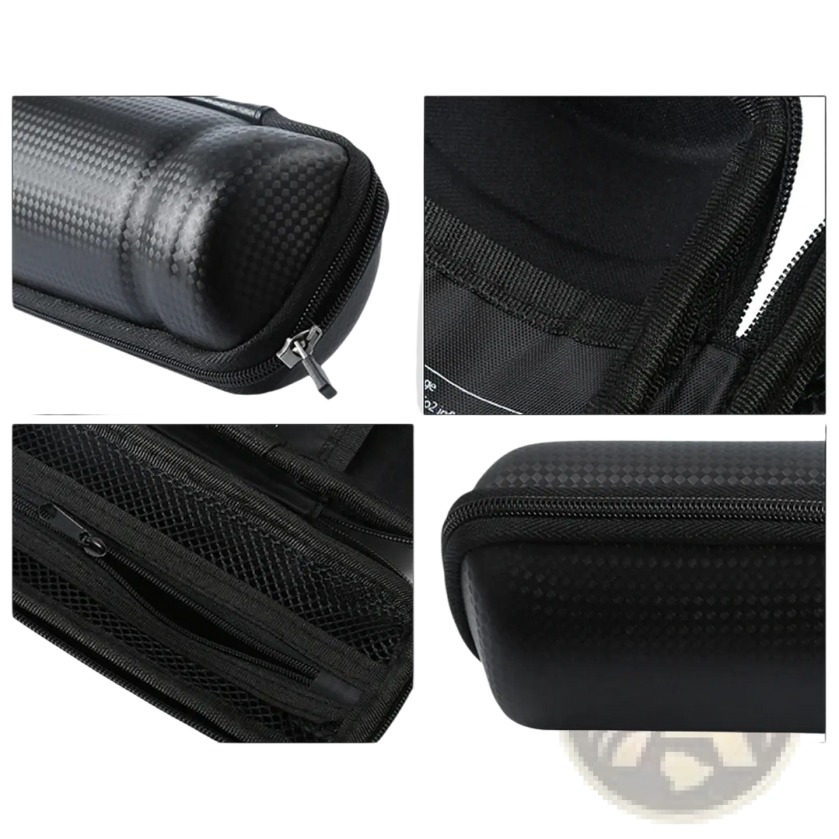 Black carbon fiber textured hard shell waterproof bicycle tool storage bottle and cage kit with mesh compartments