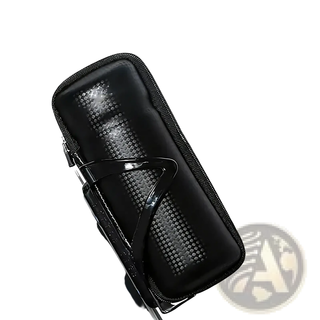 Black carbon fiber textured waterproof bicycle tool storage box with glossy black handle and zipper for secure carry
