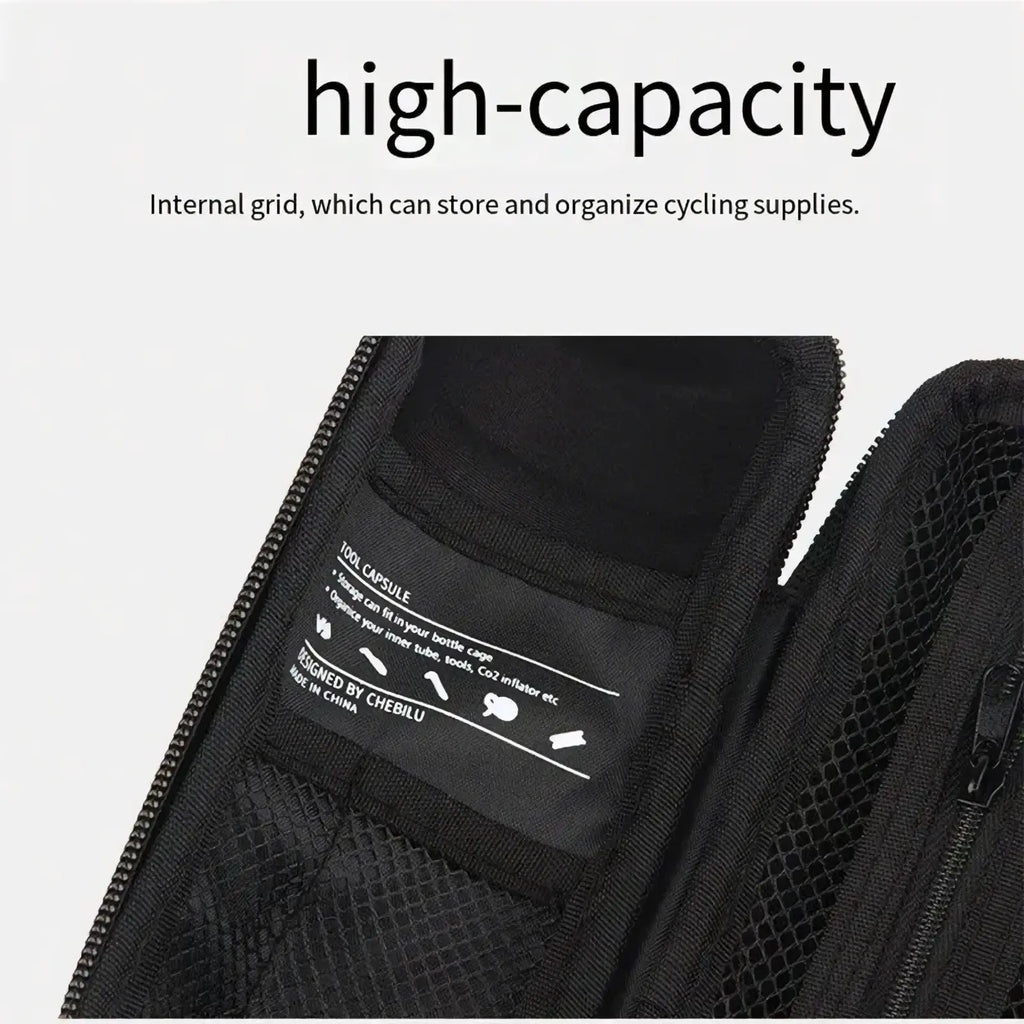 Black mesh waterproof bicycle tool storage bottle pouch with internal grid compartments and labeled tool capsule section