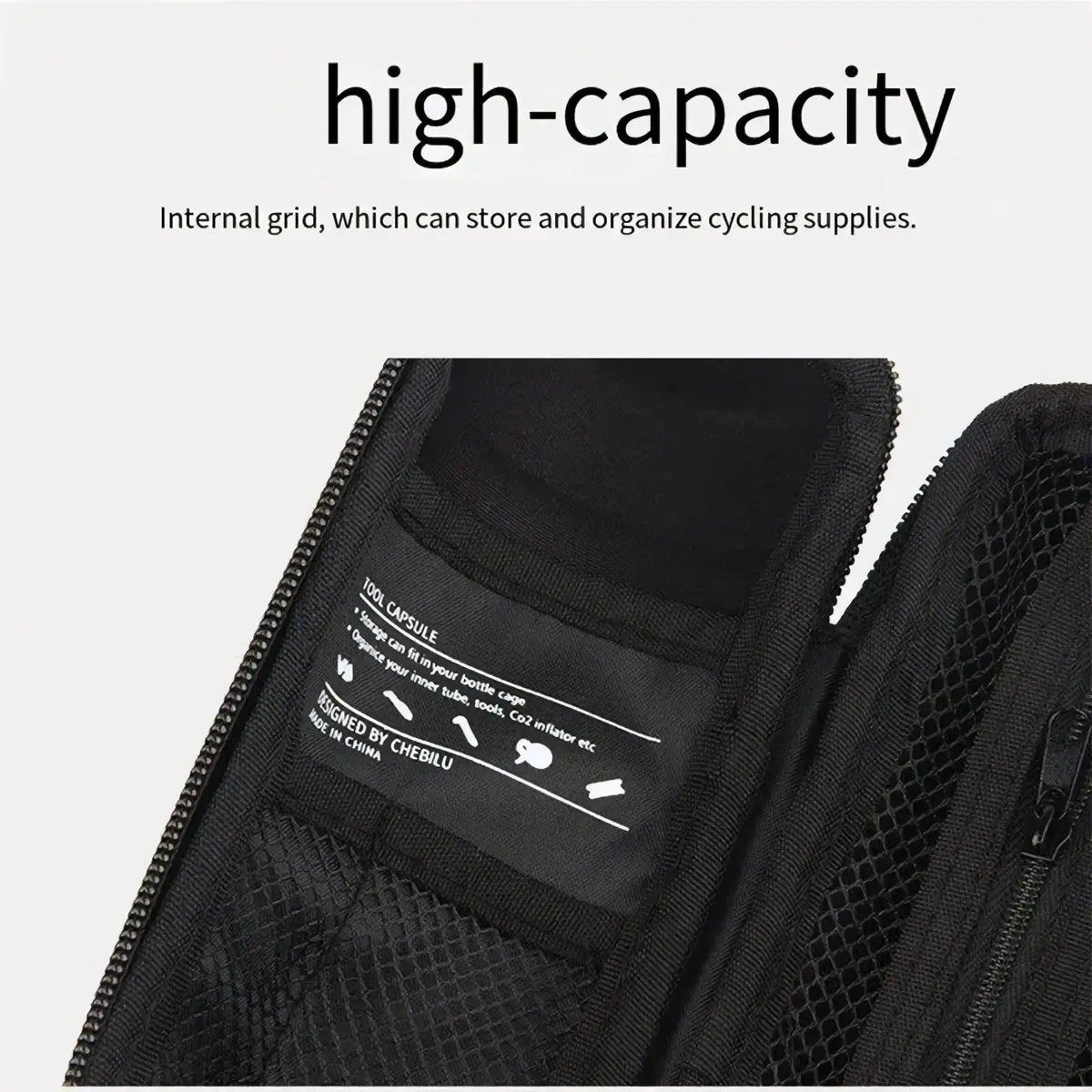 Black mesh waterproof bicycle tool storage bottle pouch with internal grid compartments and labeled tool capsule section