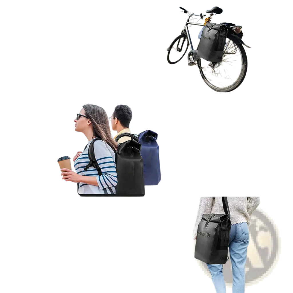 Black waterproof nylon bike pannier shoulder backpack with adjustable straps and front zippered pocket