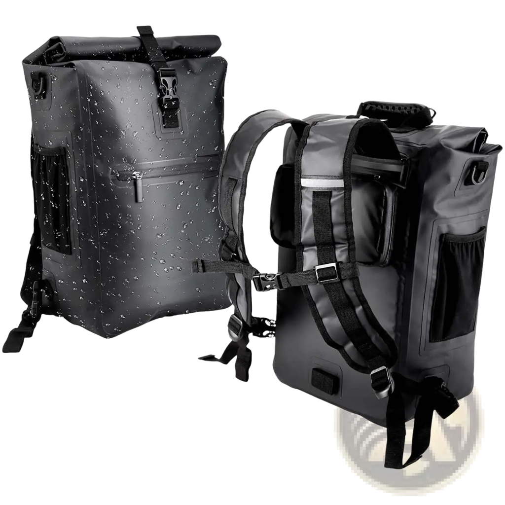 Black waterproof bike pannier backpack 3 in 1 with roll-top closure and multiple pockets shown from the back side