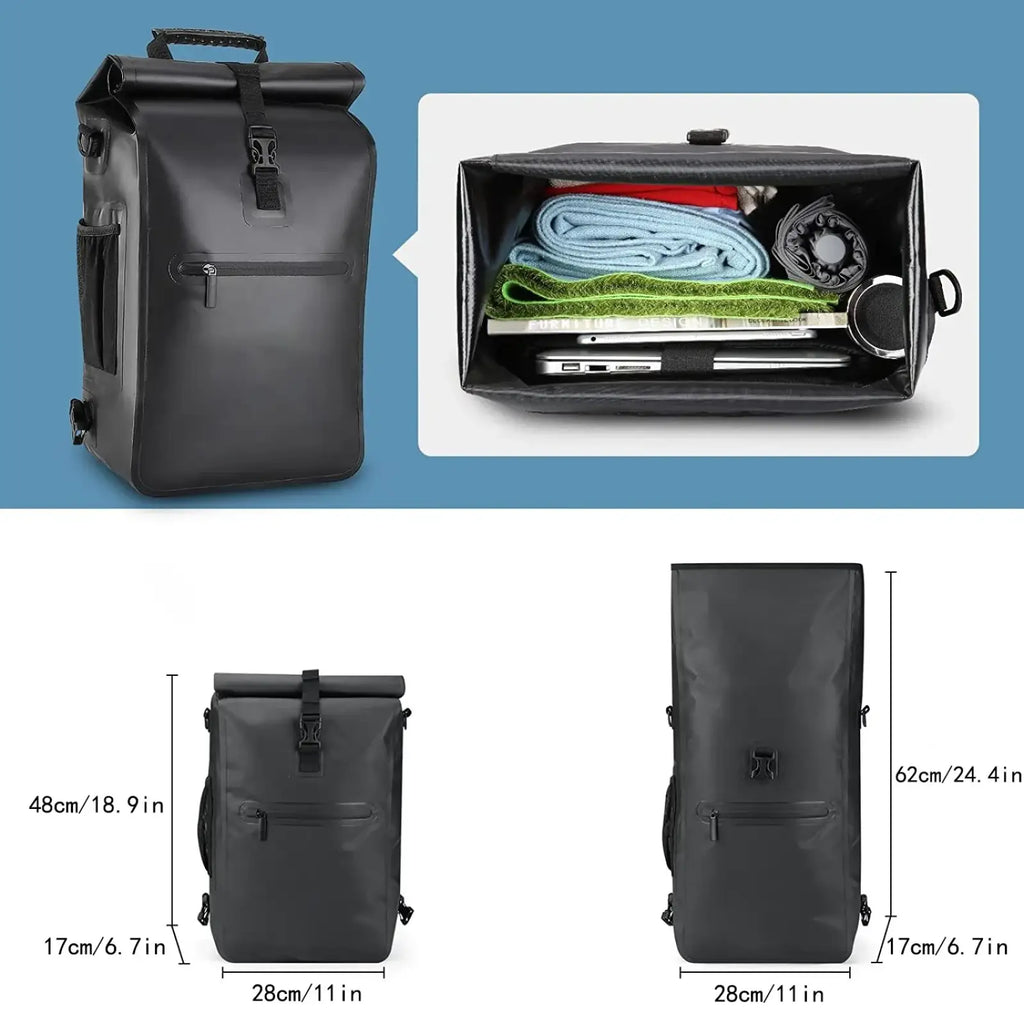 Black waterproof bike pannier backpack 3 in 1 with durable fabric roll-top design and adjustable straps back side view