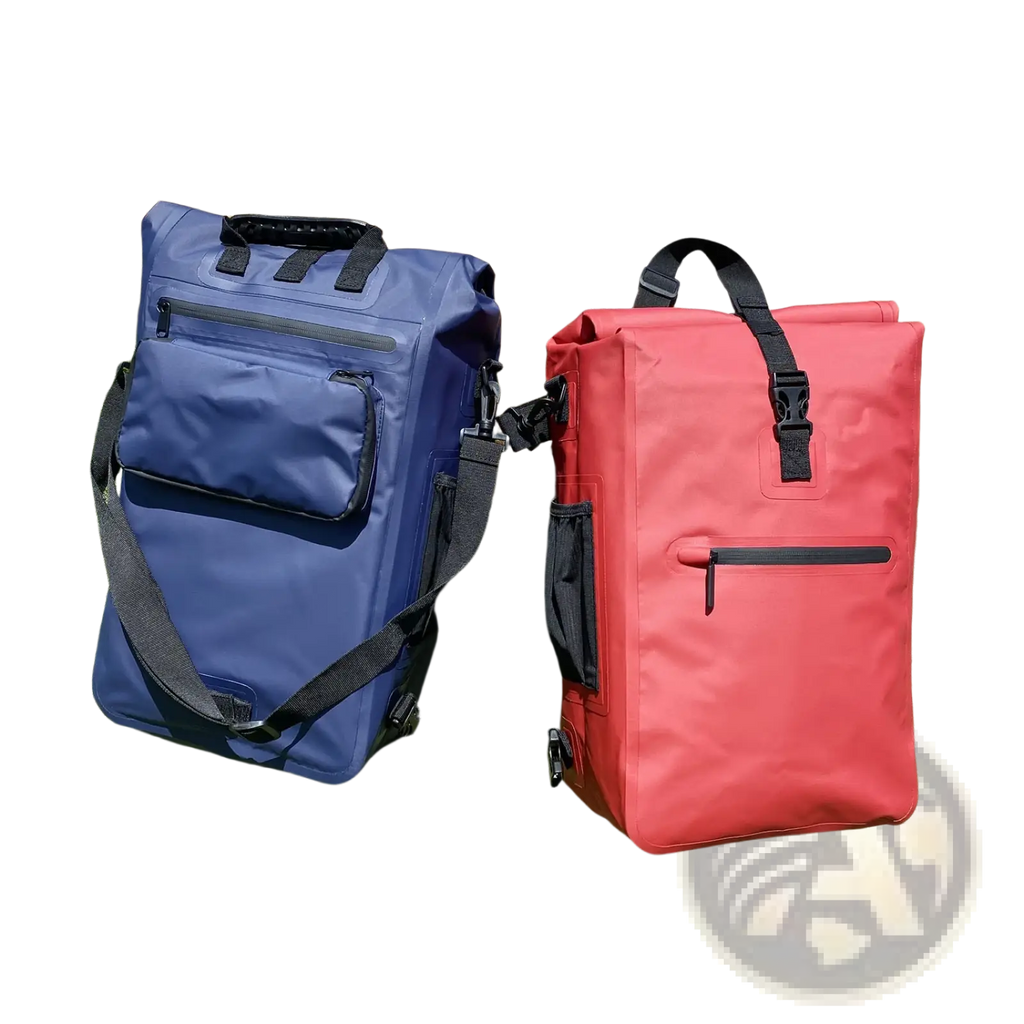 Waterproof bike pannier backpack 3 in 1 in blue and red with roll-top design and black straps and zippers shown from the back